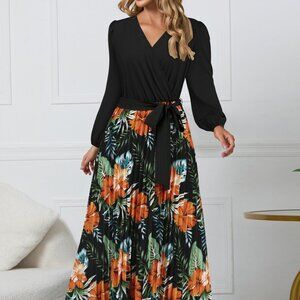 Pleated Printed Surplice Long Sleeve Dress